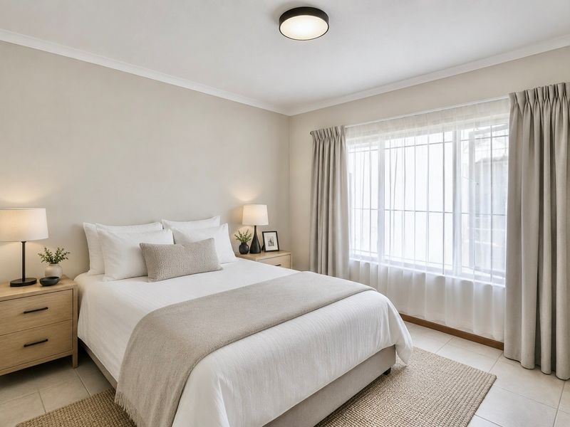 A well-maintained bedroom featuring neutral wall tones, tiled flooring, and a large window fitted with security bars and curtain tracks.