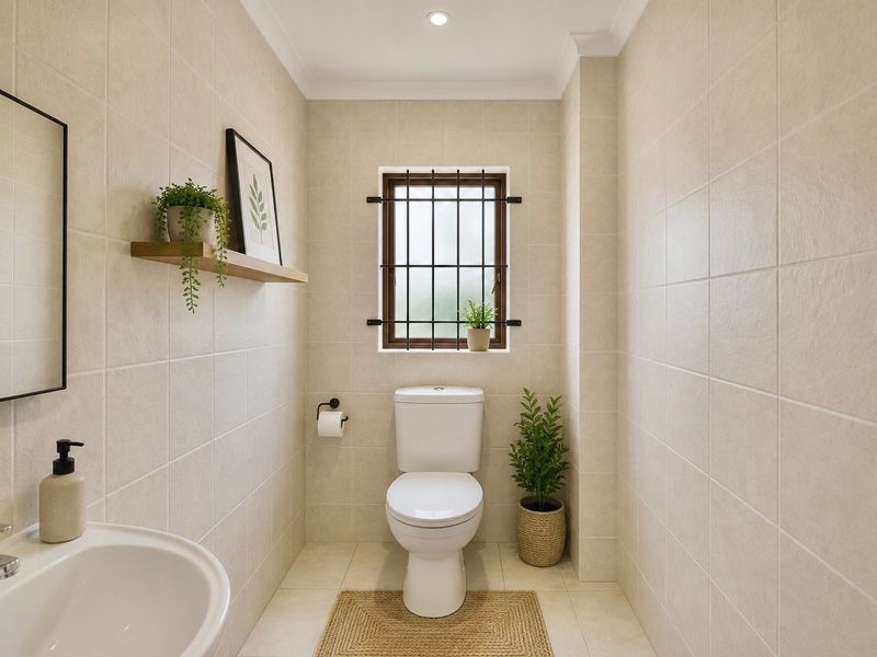 A clean and well-maintained bathroom featuring neutral wall and floor tiles, a modern toilet, and a pedestal washbasin with a window for natural light.