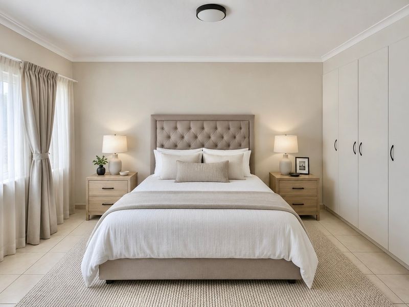 A well-maintained bedroom featuring neutral tones, tiled flooring, and ample built-in cupboard storage.
