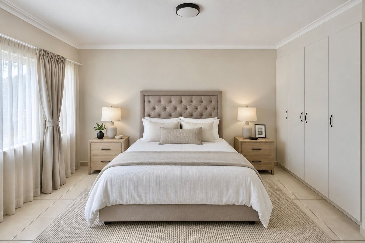 A well-maintained bedroom featuring neutral tones, tiled flooring, and ample built-in cupboard storage.