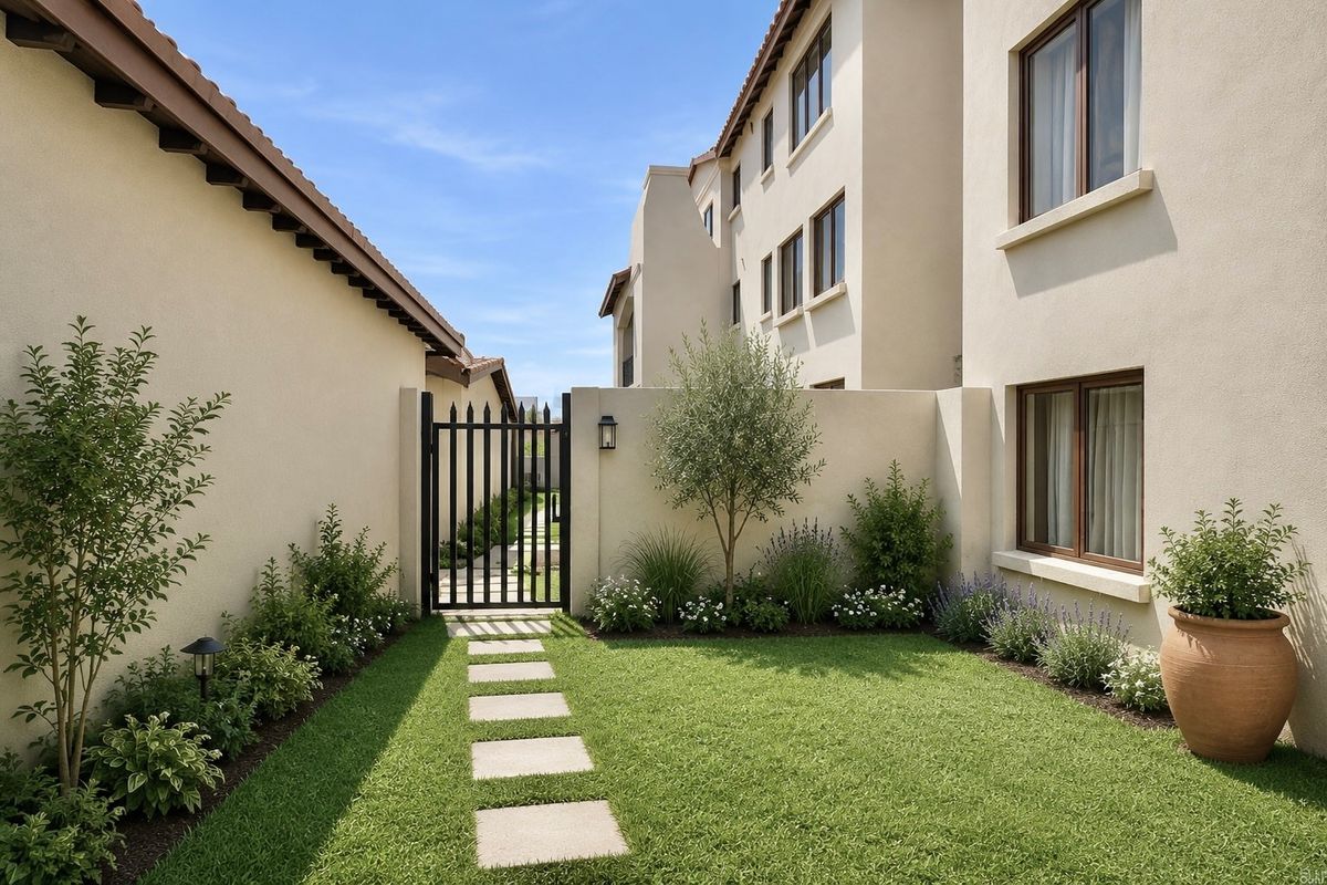 A well-maintained rear courtyard featuring a manicured lawn, stone paver walkway, and secure metal pedestrian gate between apartment building sections.