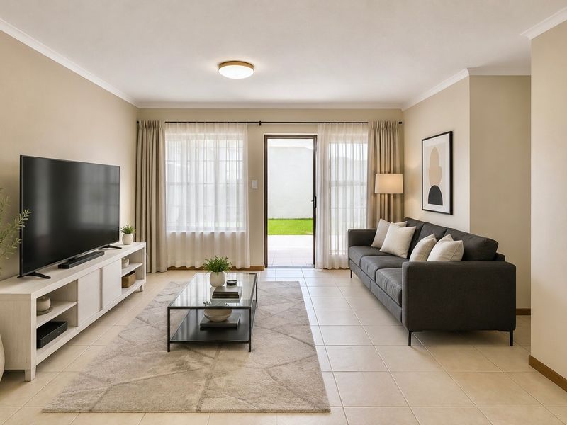 A bright and well-maintained living room featuring neutral tiled flooring, coved ceilings, and a sliding glass door providing direct access to the outdoor area.