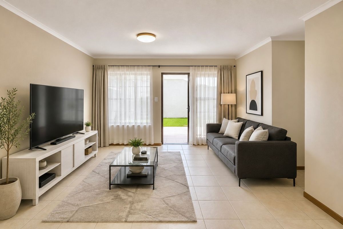 A bright and well-maintained living room featuring neutral tiled flooring, coved ceilings, and a sliding glass door providing direct access to the outdoor area.