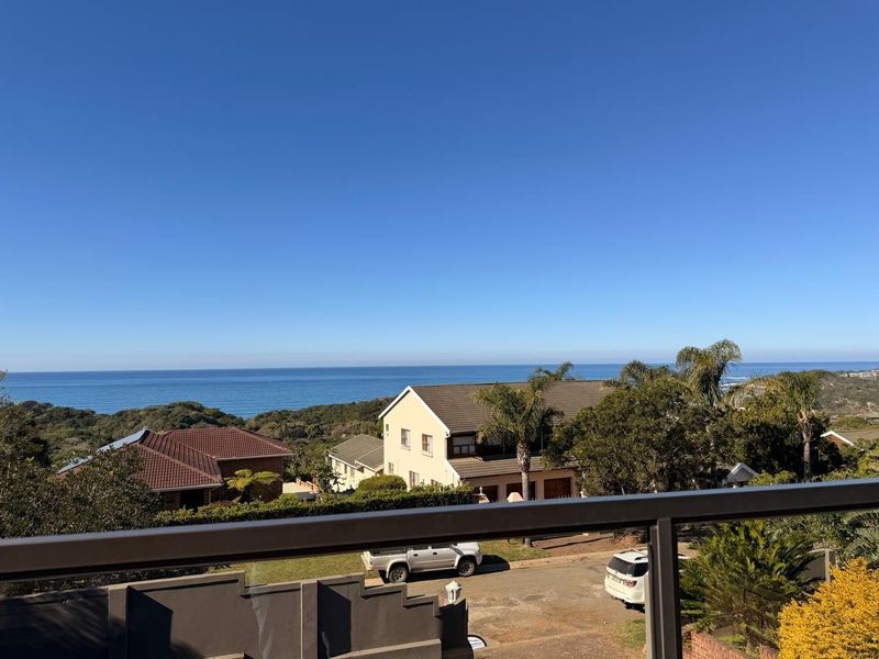 Elevated coastal view overlooking the surrounding neighborhood and ocean horizon, framed by a modern glass balustrade.