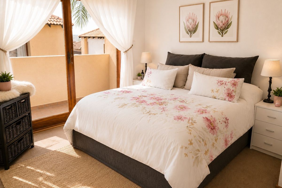 A bright and well-maintained bedroom featuring carpeted flooring and a sliding glass door providing direct access to a private balcony.