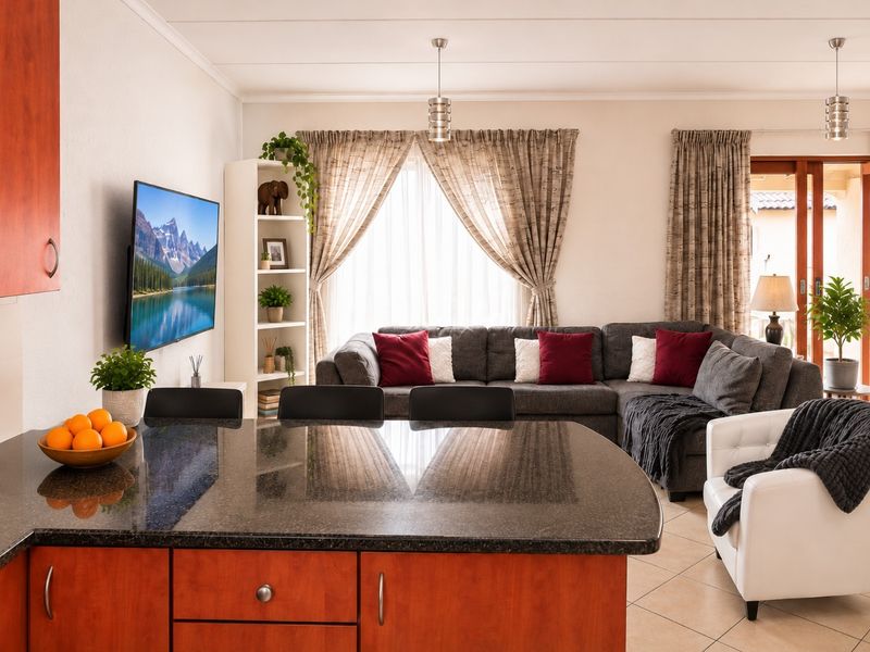 An open-plan living area featuring a granite-topped kitchen island, tiled flooring, and direct access to an outdoor patio through sliding glass doors.