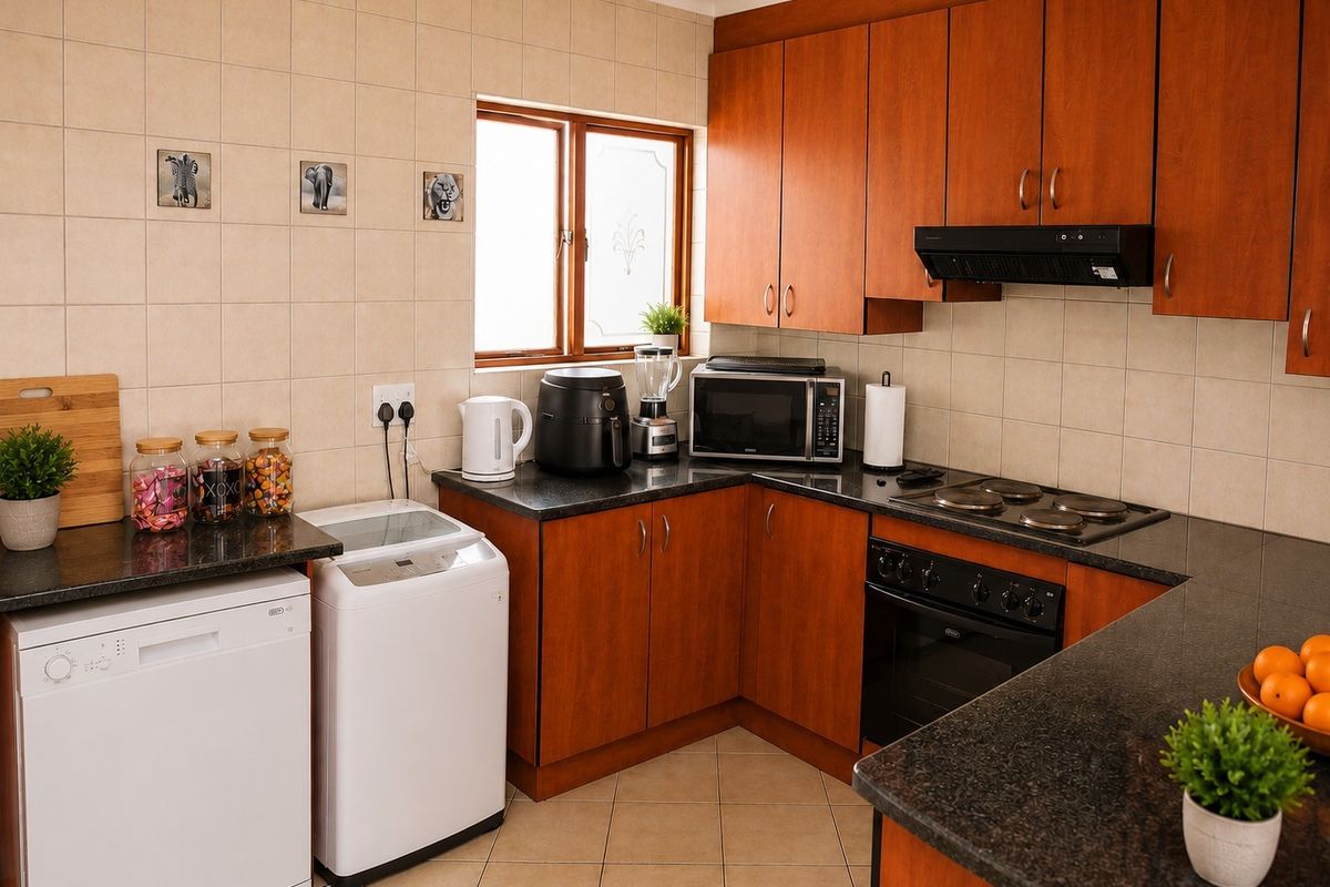 A functional kitchen featuring warm-toned laminate cabinetry, granite countertops, a built-in oven with hob, and tiled splashbacks.