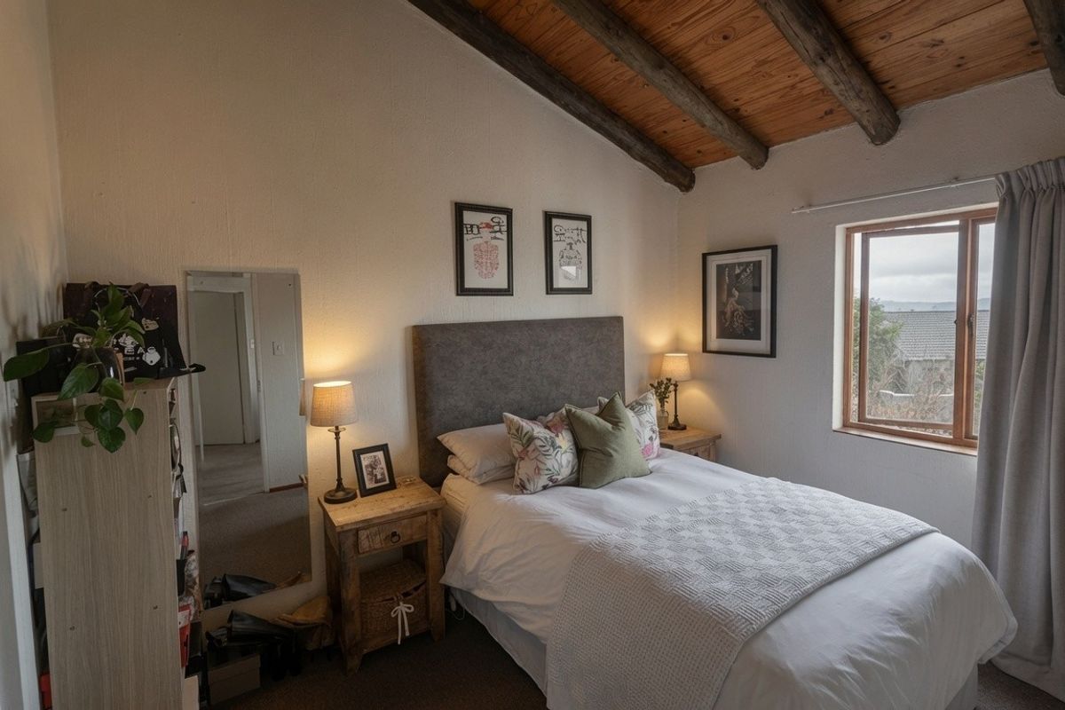 A cozy bedroom featuring a vaulted ceiling with exposed timber beams, carpeted flooring, and a window providing natural light.