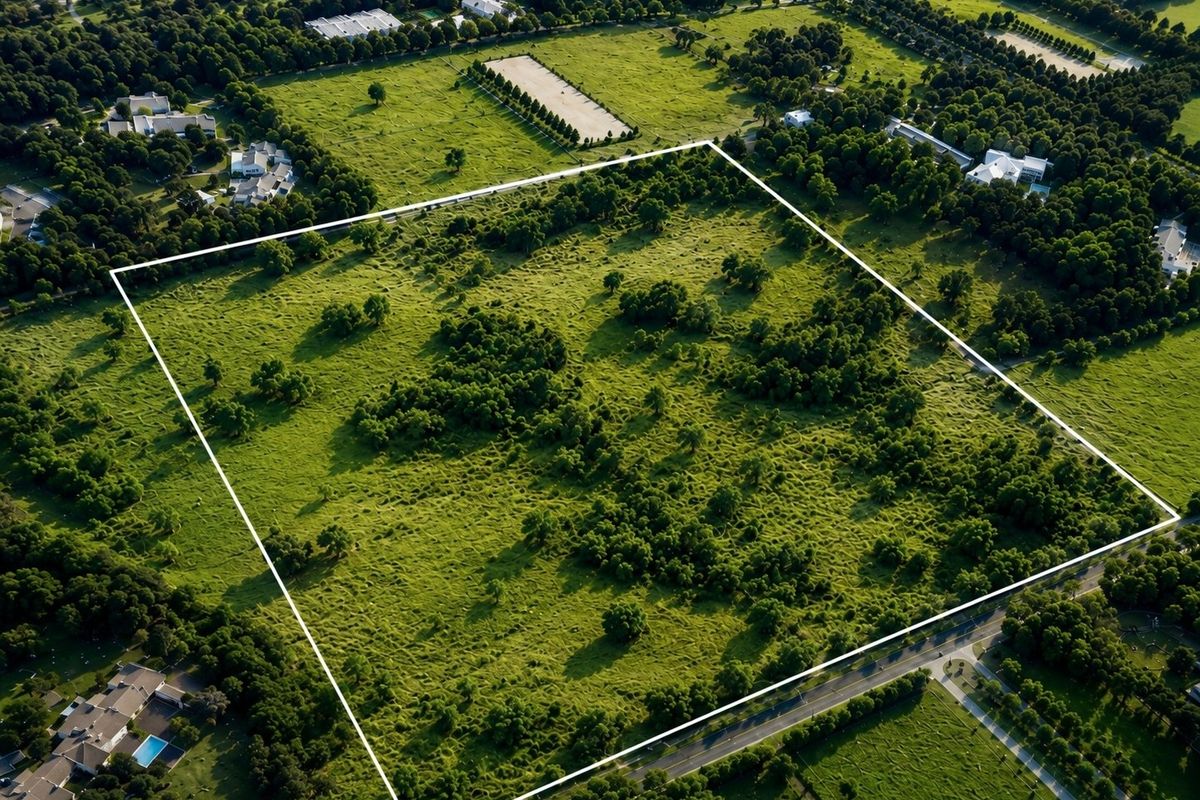 An aerial view of a large, undeveloped residential plot featuring mature trees and open grassland, clearly outlined for property identification.