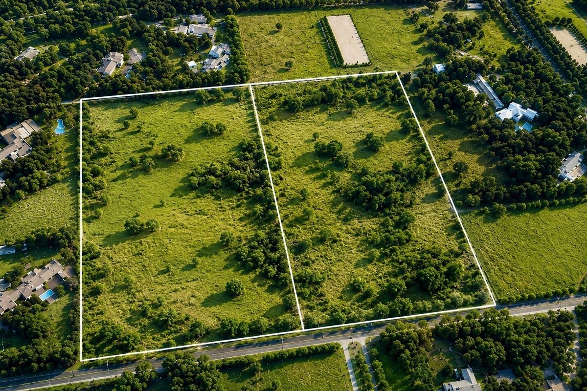 An aerial view of a large, undeveloped residential land parcel with clear boundary lines, situated in a green, established neighborhood.