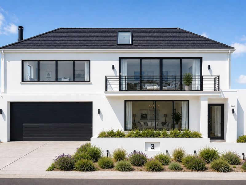 Modern two-story residence featuring a black tiled roof, black framed windows, a balcony, and a double garage with a landscaped front garden.