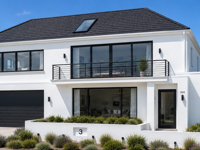 Modern two-story house featuring a clean white facade, black window frames, a balcony, and an integrated garage, set within a landscaped garden.