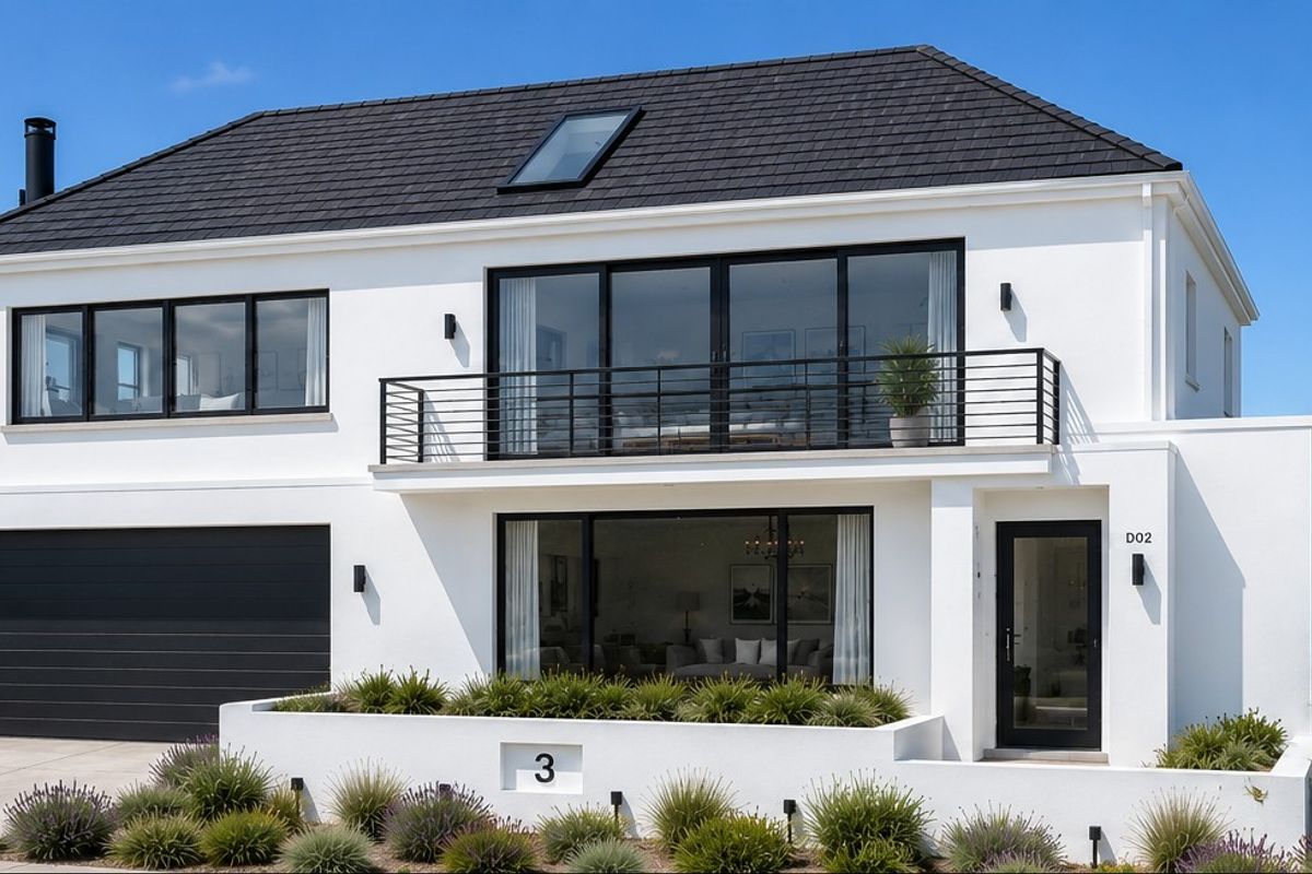 Modern two-story house featuring a clean white facade, black window frames, a balcony, and an integrated garage, set within a landscaped garden.