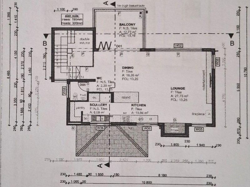 Architectural floor plan showing the layout of the ground floor, including kitchen, scullery, dining area, lounge, and balcony access.