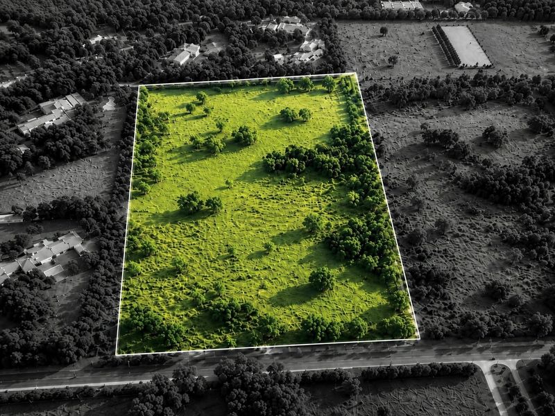 An aerial view of a large, rectangular vacant residential plot featuring established trees and clear boundary markings.
