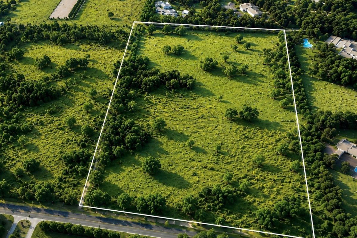 An aerial view of a large, rectangular vacant residential plot featuring established trees and clear boundary lines, situated in a developed neighborhood.
