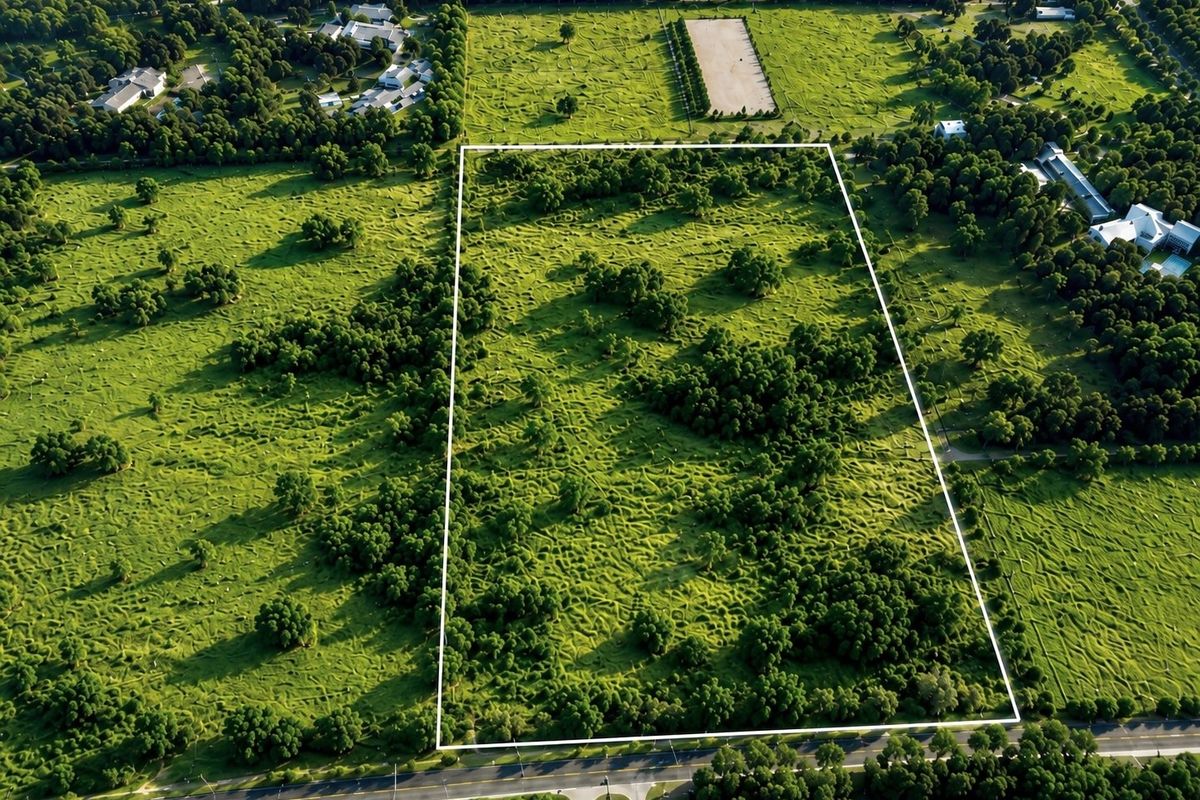 Aerial view of a large, rectangular vacant residential plot featuring lush green vegetation and mature trees, offering significant development potential.