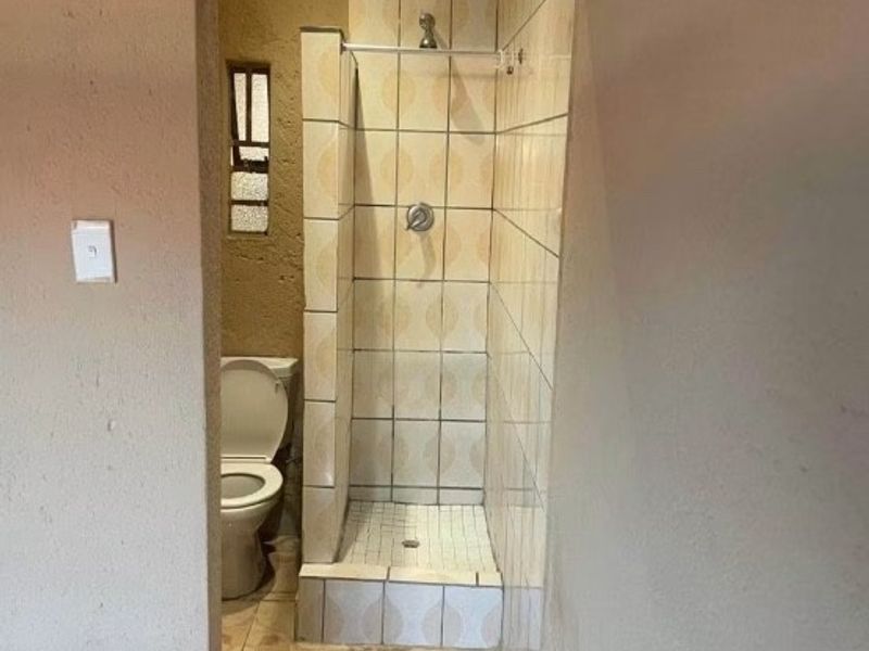 A compact bathroom featuring a tiled shower enclosure and a standard toilet, requiring cosmetic updates to modernize the dated finishes.