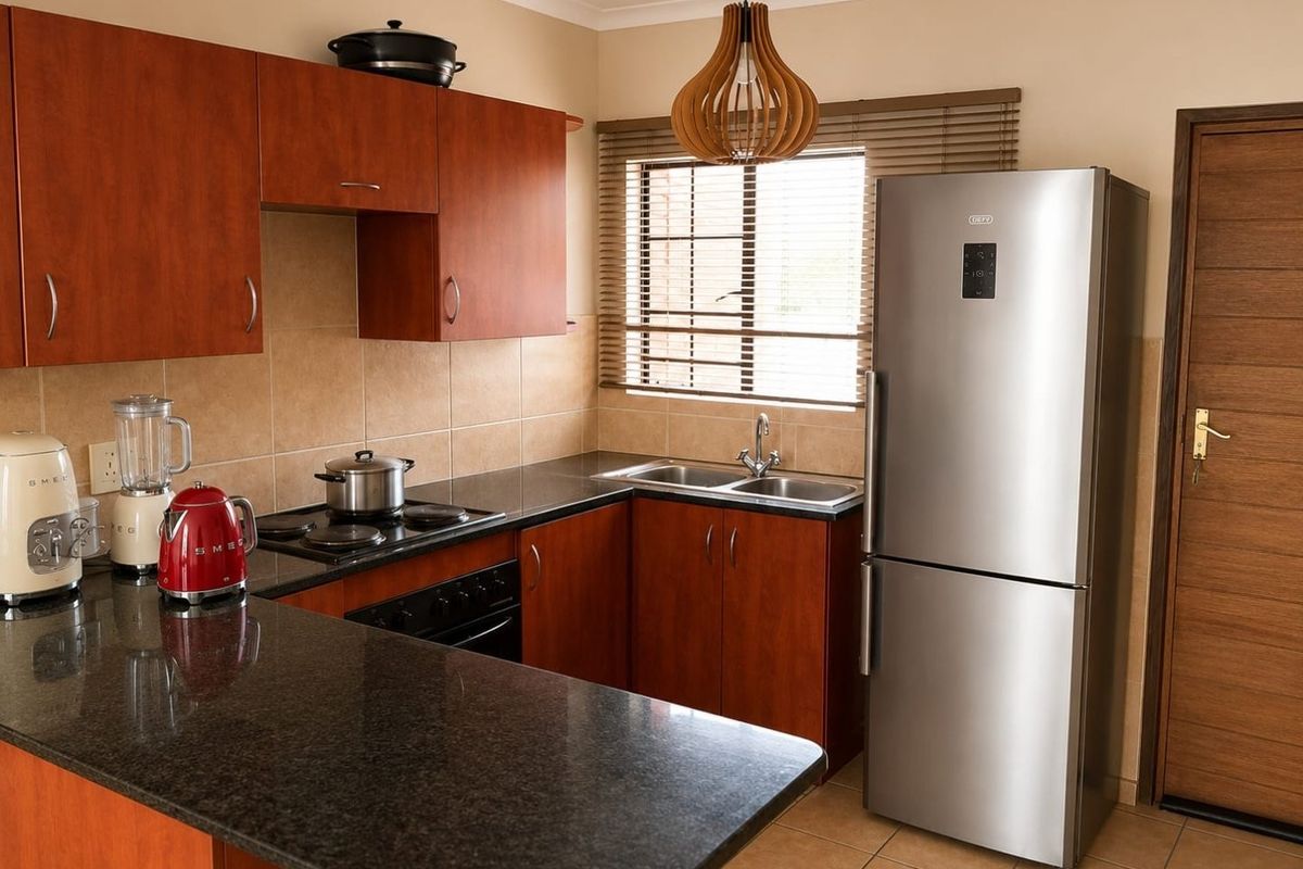 A functional kitchen featuring dark granite countertops, wood-finish cabinetry, a built-in oven and hob, and a double sink with a tiled backsplash.
