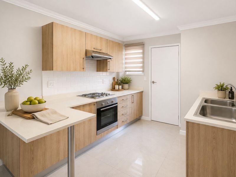 Modern kitchen featuring light wood cabinetry, stone countertops, subway tile backsplash, and integrated stainless steel appliances.