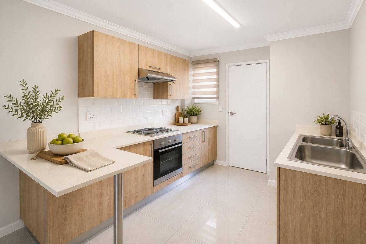 Modern kitchen featuring light wood cabinetry, stone countertops, subway tile backsplash, and integrated stainless steel appliances.