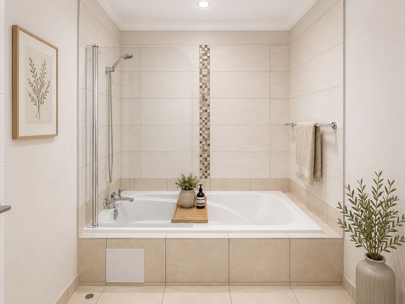 A modern, well-maintained bathroom featuring a built-in bathtub with a glass shower screen, neutral wall tiling, and contemporary fixtures.