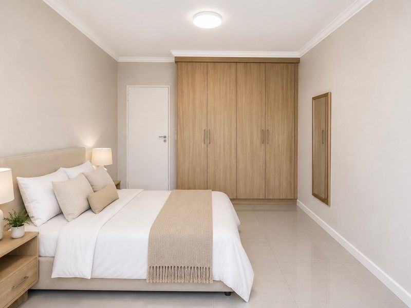 A well-maintained bedroom featuring neutral tones, tiled flooring, and ample storage with a large built-in wooden wardrobe.