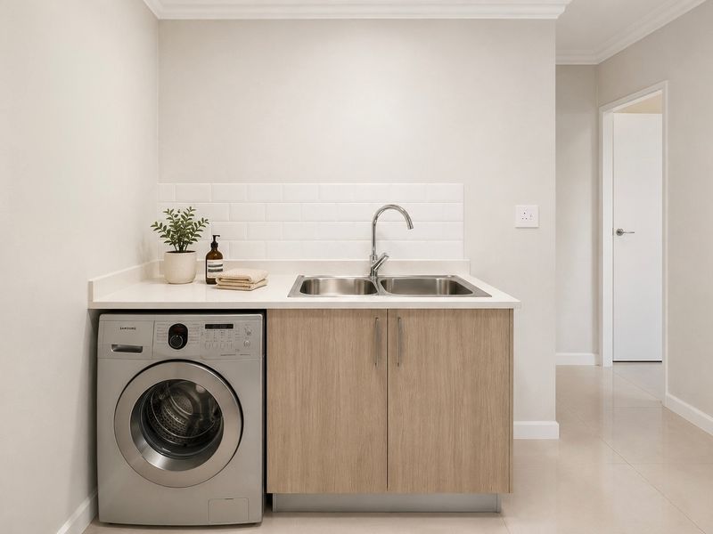 A clean and modern laundry area featuring a stainless steel double sink, stone benchtop, subway tile splashback, and light wood-finish cabinetry.