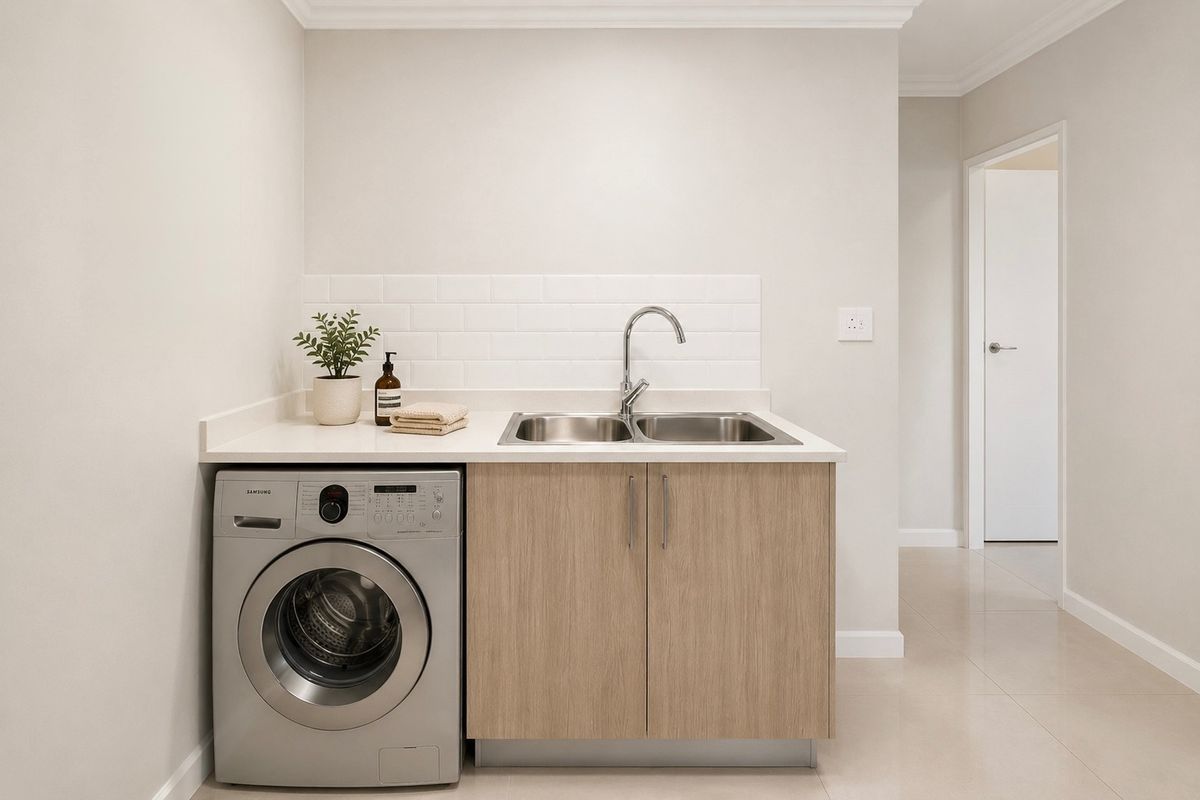 A clean and modern laundry area featuring a stainless steel double sink, stone benchtop, subway tile splashback, and light wood-finish cabinetry.