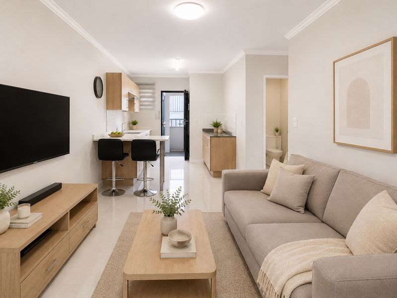Modern open-plan living area featuring a sleek kitchen with stone countertops, tiled flooring, and neutral finishes, seamlessly connecting to the living space.