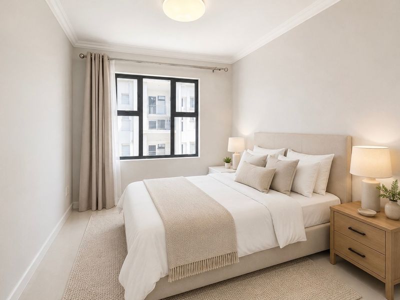 A well-maintained bedroom featuring neutral tones, tiled flooring, and a black-framed window providing natural light.