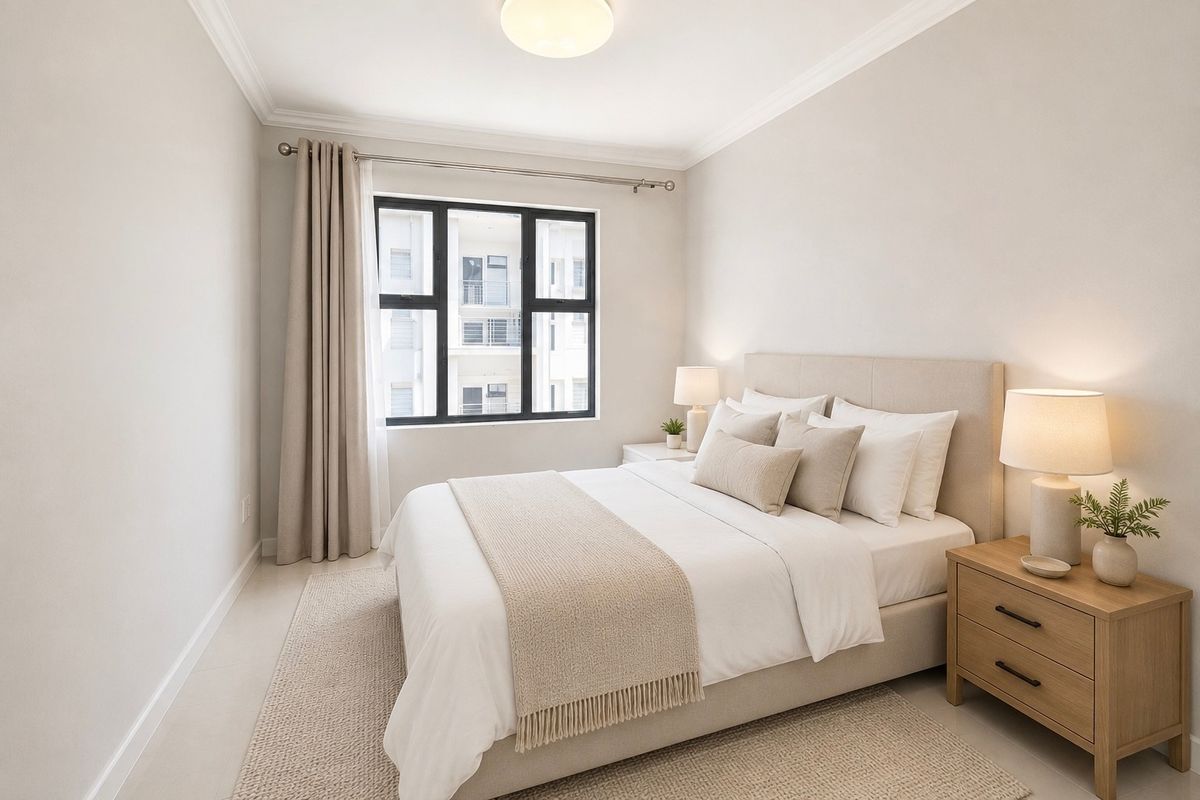 A well-maintained bedroom featuring neutral tones, tiled flooring, and a black-framed window providing natural light.