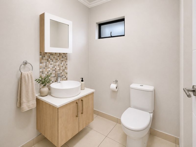 A modern, well-maintained guest bathroom featuring a vessel sink, light wood vanity cabinet, mosaic tile splashback, and neutral floor tiles.