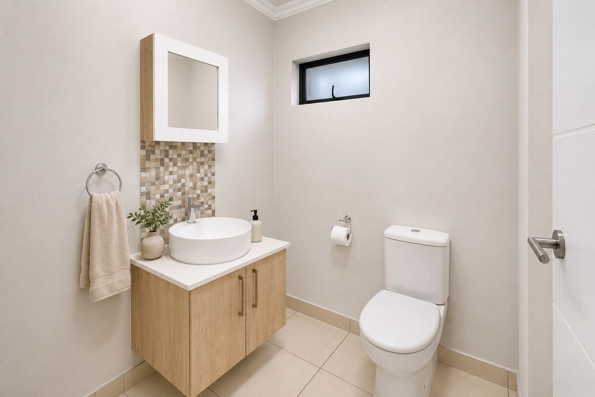 A modern, well-maintained guest bathroom featuring a vessel sink, light wood vanity cabinet, mosaic tile splashback, and neutral floor tiles.