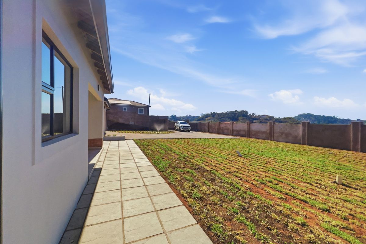 A view of the rear exterior featuring a paved walkway alongside the house, a concrete driveway, and a large, newly planted garden area.