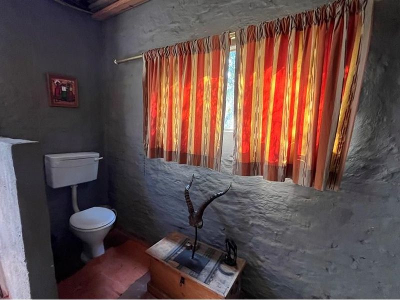 A rustic bathroom featuring an exposed stone wall finish and a standard toilet, requiring cosmetic updates to improve the overall aesthetic.