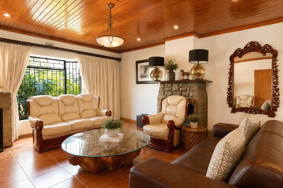 A cozy living room featuring a stone fireplace, warm timber tongue and groove ceiling, and ceramic tiled flooring with natural light through large windows.