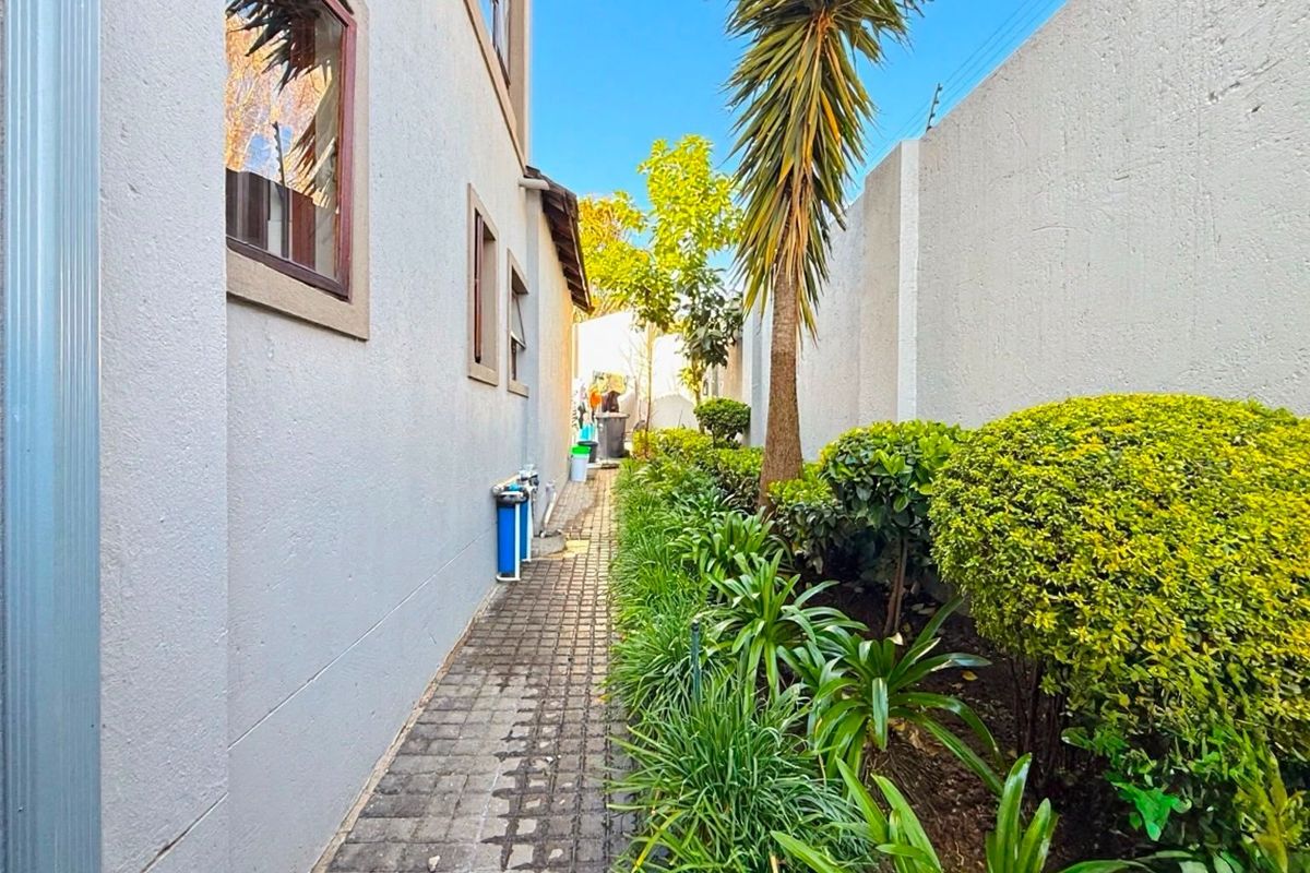 A narrow side passage featuring a paved walkway, established garden beds, and a secure boundary wall with electric fencing.