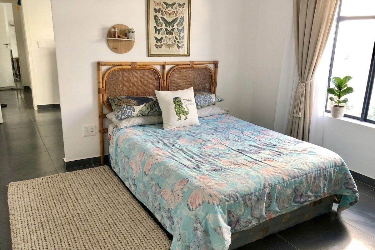 A well-lit bedroom featuring tiled flooring and a large window, providing a comfortable and functional living space.