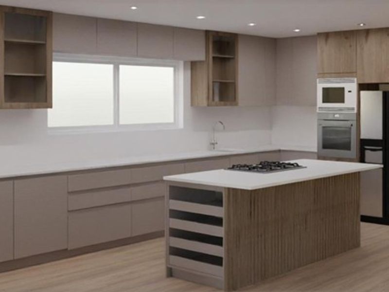 A modern, minimalist kitchen featuring a central island with a gas cooktop, integrated appliances, and sleek cabinetry with wood-grain accents.