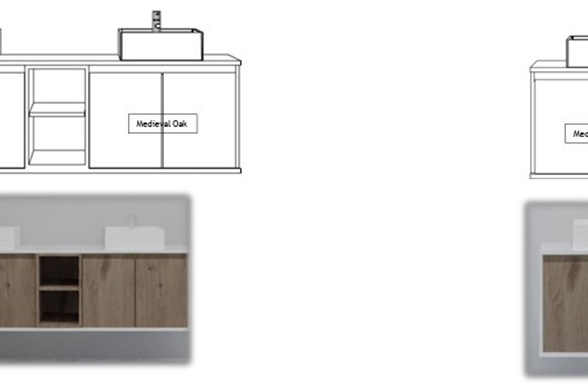 A technical illustration and rendering of wall-mounted bathroom vanity units featuring vessel sinks and wood-finish cabinetry.