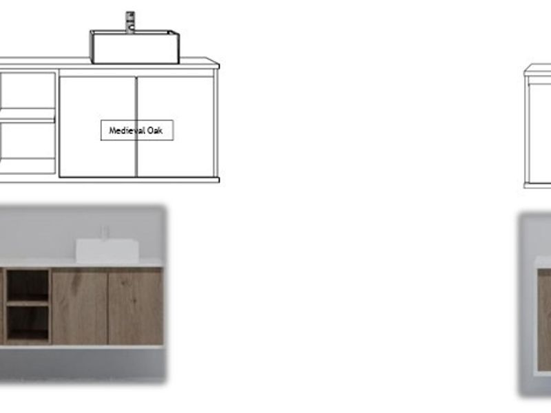 A technical illustration and rendering of wall-mounted bathroom vanity units featuring vessel sinks and wood-finish cabinetry.