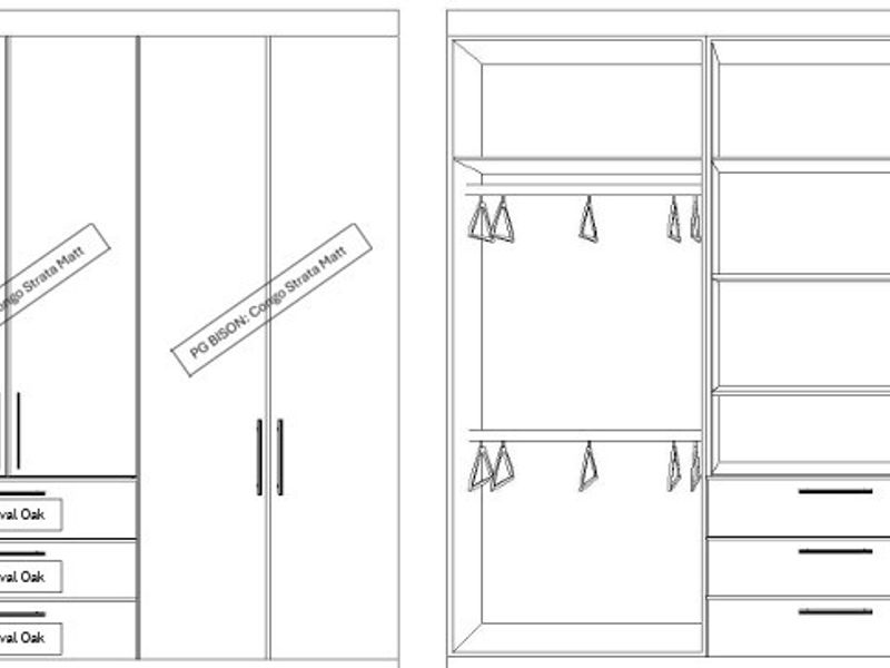 Technical design drawing showing the layout and configuration of a custom built-in wardrobe with hanging space and integrated drawers.