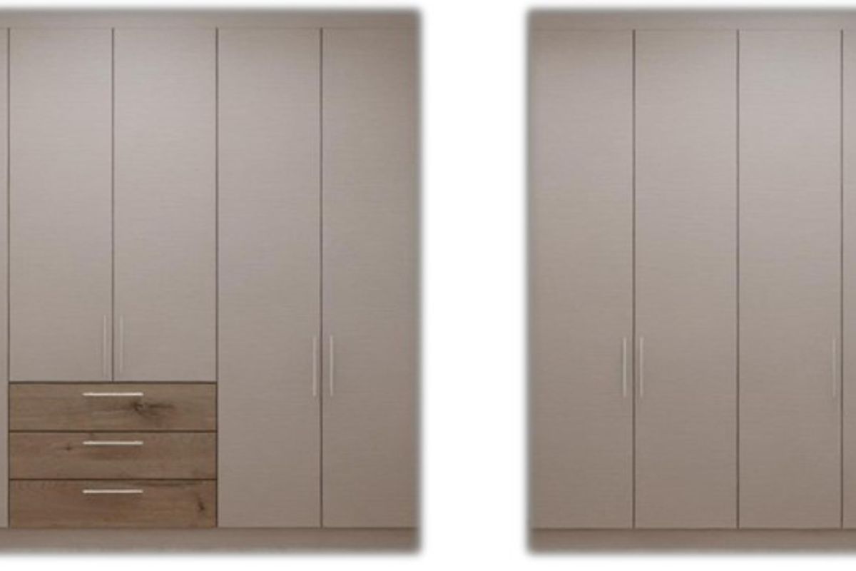 A pair of modern, full-height built-in wardrobes featuring neutral-toned cabinetry and integrated wooden drawers.