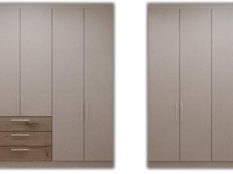 A pair of modern, full-height built-in wardrobes featuring neutral-toned cabinetry and integrated wooden drawers.