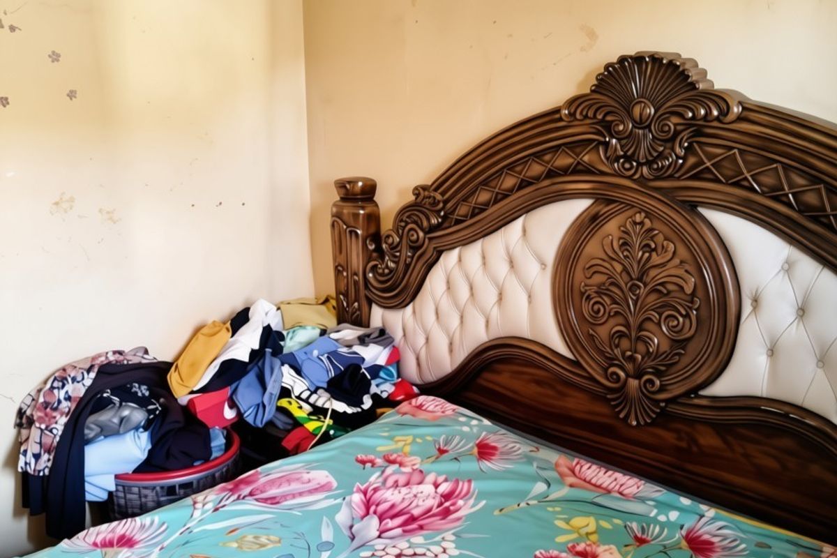 A bedroom featuring visible ceiling water damage and wall surface deterioration, requiring maintenance and cosmetic updates to restore the space.