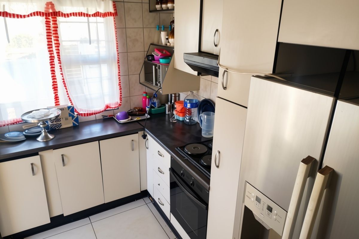 A functional kitchen featuring built-in cabinetry, laminate countertops, an electric hob with extractor fan, and tiled finishes throughout.