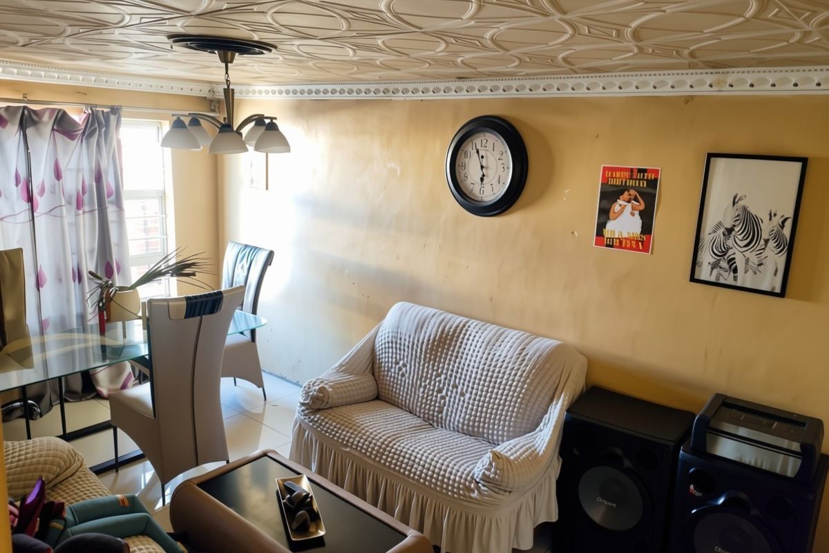 A living room featuring decorative ceiling tiles, tiled flooring, and wall-mounted decor, presenting an opportunity for cosmetic updates to improve the overall aesthetic.