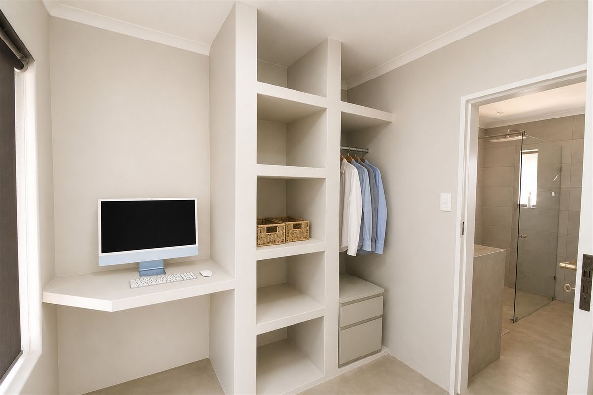 A modern bedroom featuring a built-in desk, integrated shelving, and wardrobe storage, with direct access to an en-suite bathroom.