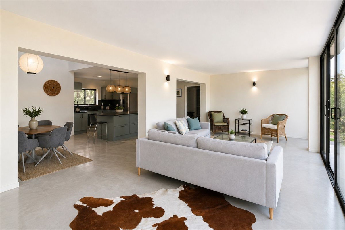 Spacious open-plan living and dining area featuring polished concrete floors, modern kitchen with island, and large sliding glass doors leading to the outdoors.
